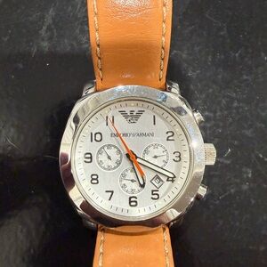 Emporio Armani Silver and Orange Leather Watch